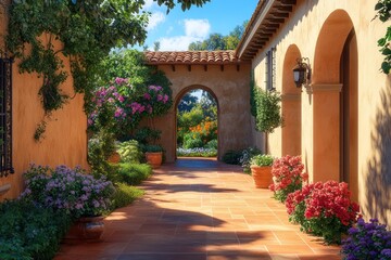 Fototapeta premium A peaceful Mediterranean retreat featuring stucco walls, terracotta tiles, and a flower-filled garden