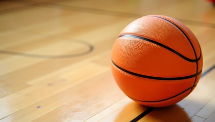 Obraz premium Basketball on wooden court floor under natural light