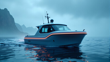 Naklejka premium A sleek white boat gliding through calm blue waters under a dramatic night sky.