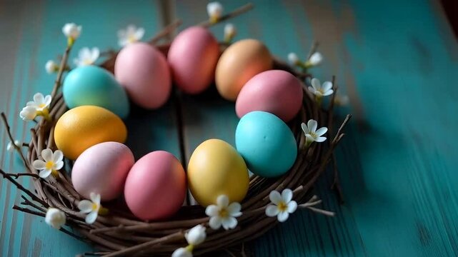 An Easter wreath made of colorful eggs, arranged in a circular fashion among interwoven twigs