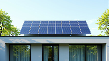 Fototapeta premium A modern house features solar panels on the roof for energy efficiency and sustainability.