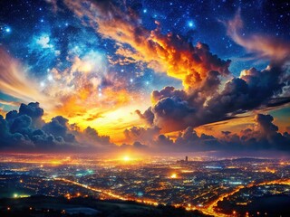 Fototapeta premium Celestial Sunset Double Exposure: Earthly City Lights and Cosmic Nebula