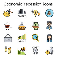 Economic recession, business crisis, trade war icon set in thin line style
