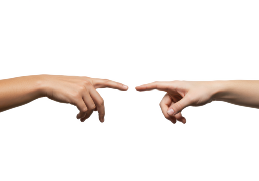 Two human hands reaching out to each other, with index fingers almost touching, isolated on a white background