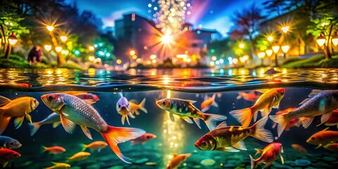 Close-up of Fish Swimming in Sunlit Pond Water, Abstract Ripple Texture, Nature Background