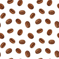 Coffee beans pattern, watercolor illustration, kitchen design, coffee print, background, wallpaper 