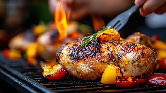 A deliciously grilled chicken breast is perfectly surrounded by vibrant vegetables and engaged with flickering flames, showcasing a delectable outdoor cooking scene.