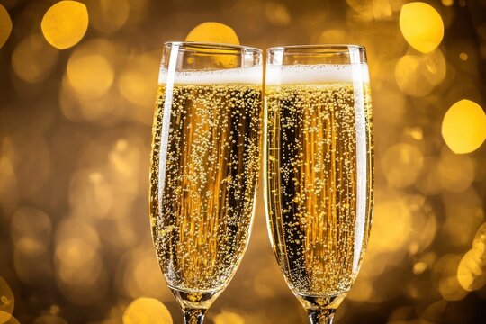 Celebrating joy with sparkling glasses amidst shimmering golden lights at a festivity