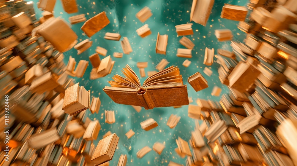 Poster floating open book surrounded by falling pages in an imaginative concept of knowledge and creativity