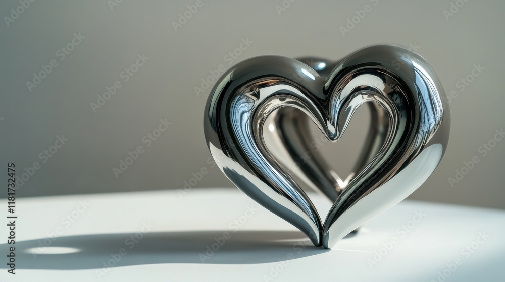 Poster shiny metallic heart sculpture on a smooth surface with soft shadow reflection