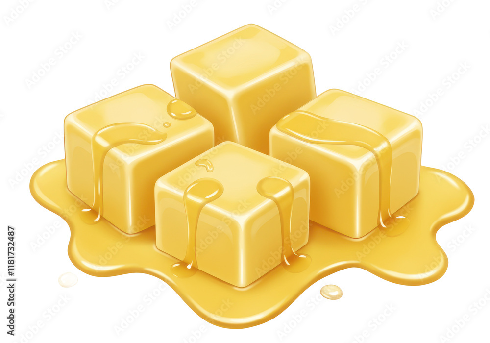 Poster three smooth, shiny cubes of melting butter with golden liquid pooling around them, isolated on a wh