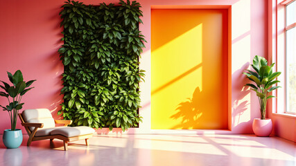 A vibrant indoor setting featuring lush green plants against pink walls and a bright yellow door.
