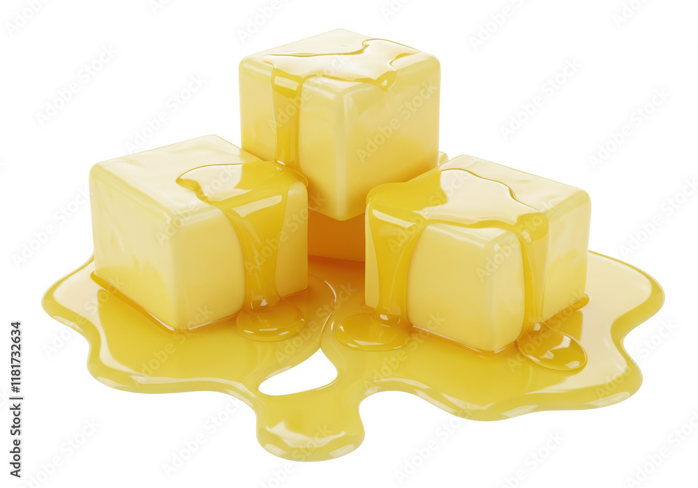 Poster three smooth, shiny cubes of melting butter with golden liquid pooling around them, isolated on a wh