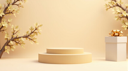 A serene beige backdrop featuring a gift box and floral branches, perfect for celebrations.