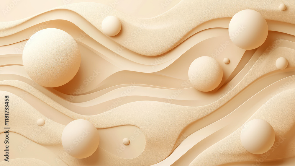 Poster exploring fluid forms and soft hues in an abstract landscape of beige and peach tones that evoke tra