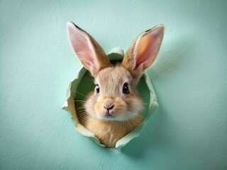 Obraz premium Easter Bunny Peeking Through Wall Hole - Spring Holiday Poster Design