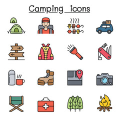 Camping & Hiking icons set in thin line style
