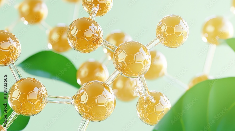 Poster molecular structure visualization with yellow spheres and green foliage in a bright abstract environ