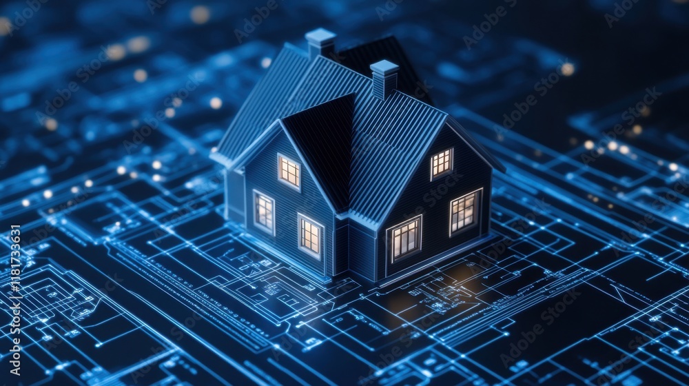 Poster electronic blueprint of a house overlaying a digital circuit background for smart home concept visua