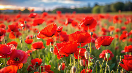 Obraz premium Red poppies blooming in a green field at sunset