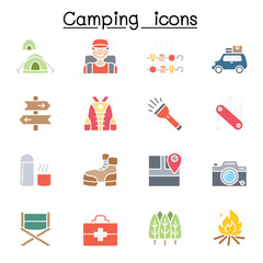 Camping & Hiking icons set in thin line style