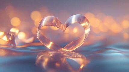 Heart-shaped ribbon with warm bokeh lights background for romantic concept