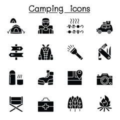 Camping & Hiking icons set in thin line style