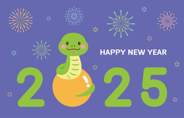The New Year's banner for 2025 features a festive concept of fireworks exploding, a cute snake character from the Year of the Snake, and the typography 