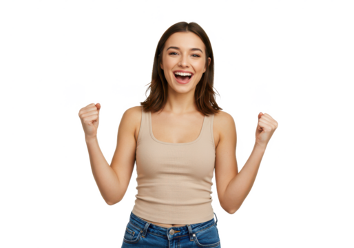 A cheerful young woman celebrating with raised fists, wearing a beige tank top and denim jeans, isolated on a white background
