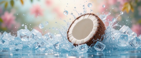 Coconut half with a splash of water and ice, pastel blurred background. Falling fruits concept for restaurants and bars menu