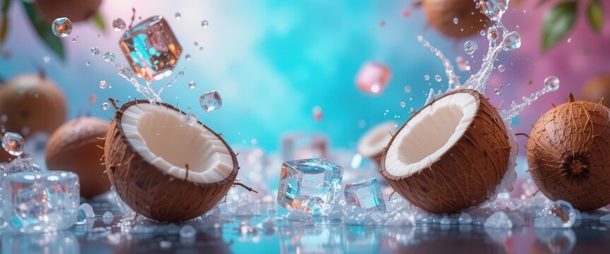 Coconut falling with a splash of water and ice, pastel blurred background. Falling fruits concept for restaurants and bars menu