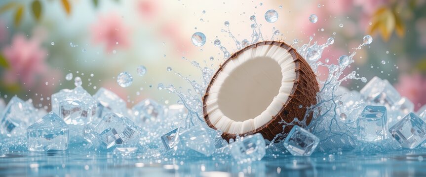 Coconut half with a splash of water and ice, pastel blurred background. Falling fruits concept for restaurants and bars menu - Powered by Adobe