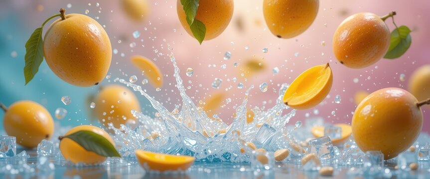 Mango falling with a splash of water and ice, pastel blurred background. Falling fruits concept for restaurants and bars menu