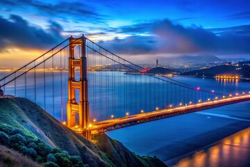 Obraz premium Golden Gate Bridge North Tower, Marin County, Blue Hour Landscape