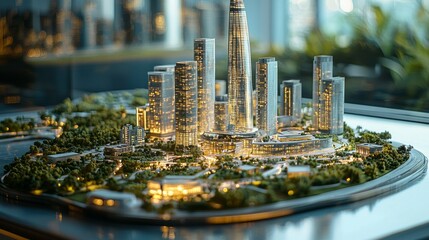 Meticulously crafted architectural model presents a vibrant city skyline with impressive skyscrapers nestled among greenery