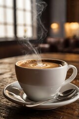 A minimalist composition of a cup of coffee on a suacer with blurred background
