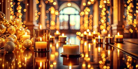 Obraz premium Golden Bokeh Candles: Luxurious Architectural Interior Detail Stock Photo