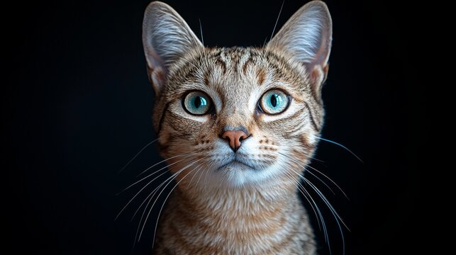 A strikingly attentive cat with vibrant blue eyes gazes directly at the viewer against a dramatic black background