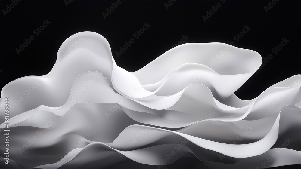 Poster dynamic interplay of white forms on a dark canvas evokes feelings of motion and serenity
