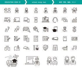教育のアイコンセット。学校や勉強、テストに関するベクターイラスト。シンプルなデザイン。