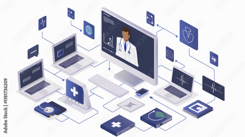 Poster Multiple digital devices are interconnected, showcasing a doctor in a consultation. Medical symbols and data visualization overlay emphasize modern healthcare solutions.