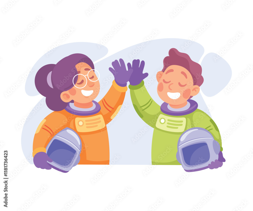 Poster boy and girl astronaut character in outer space exploring universe vector illustration