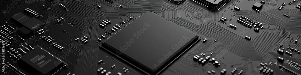 Poster a close-up view of a black circuit board with microchips and electronic components.