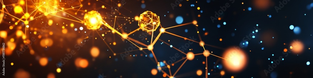 Poster abstract representation of molecular structures with glowing particles and connections.