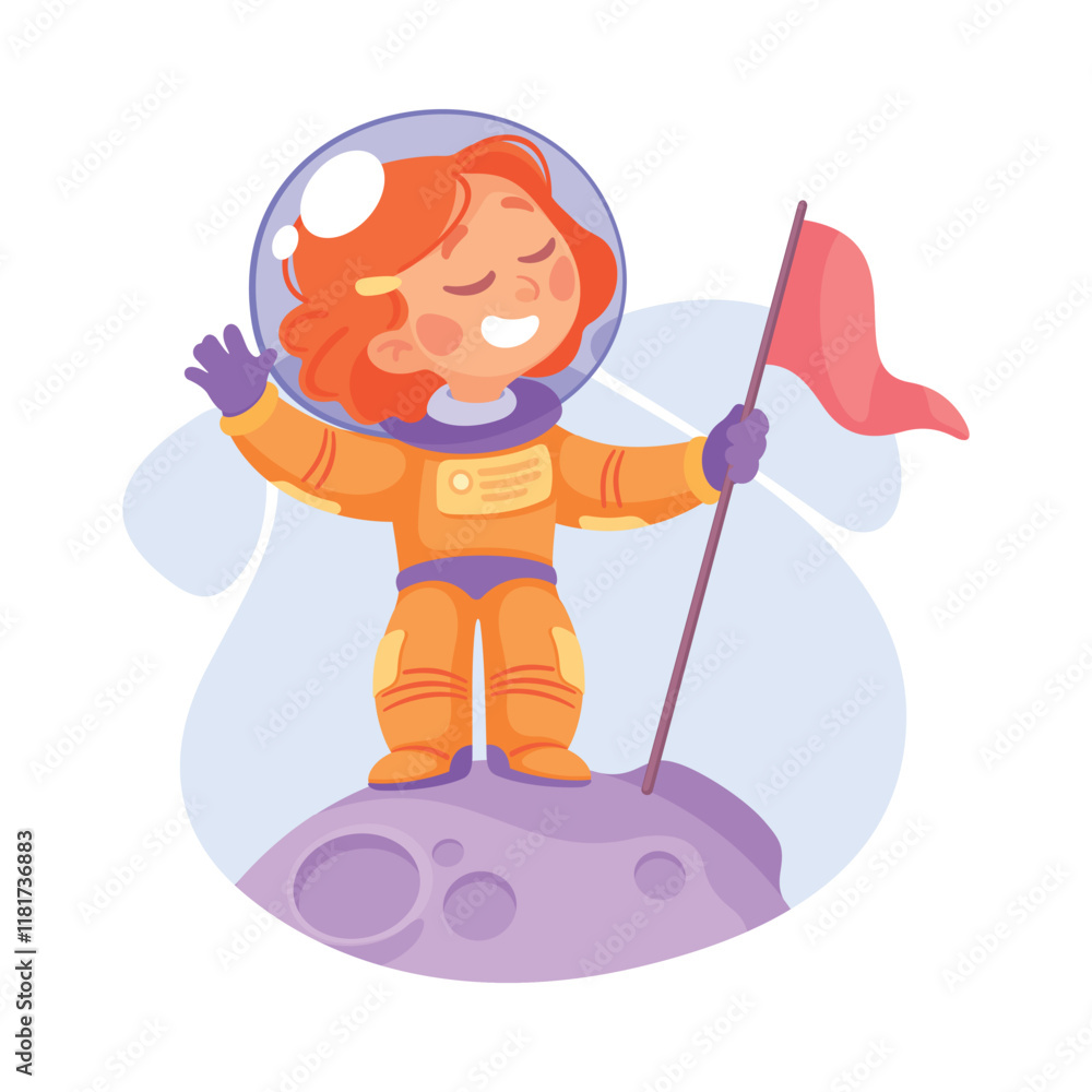 Poster girl astronaut character in outer space exploring universe stand with flag vector illustration