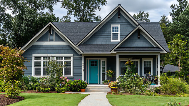 Gray new construction modern cottage home with hardie board siding and teal doors. created with Generative AI technology