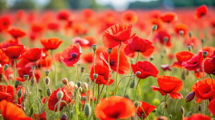 Vibrant red poppies blooming in a lush green field