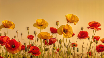 Poppy flowers in vibrant colors against a golden background