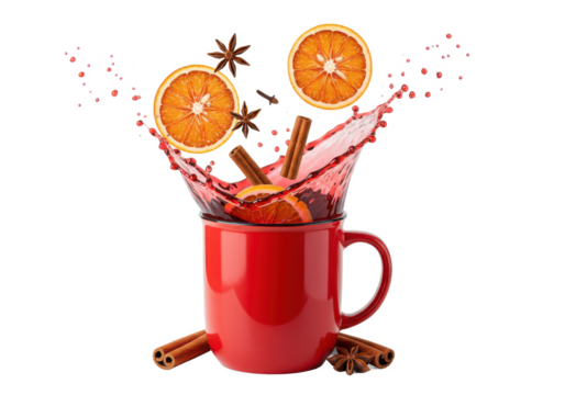 A red mug with mulled wine splashing and ingredients like dried oranges, cinnamon sticks, and cloves in mid-air, isolated on white background