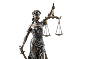 A metallic Lady Justice statue holding scales, isolated on white background